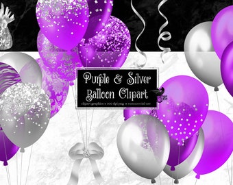 Purple and Silver Balloons Clipart, glitter balloon png digital overlays with confetti for birthdays instant download commercial use