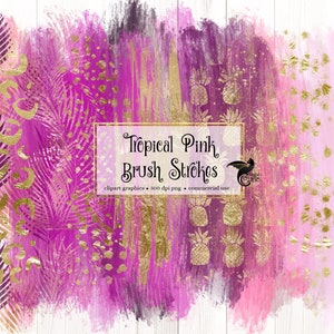 Tropical Pink Brush Strokes Clipart, hot pink safari paint elements in digital PNG format instant download for commercial use