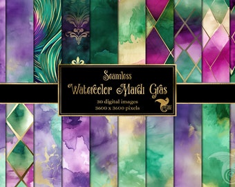Mardi Gras Watercolor Textures - purple green and gold printable digital backgrounds for commercial use