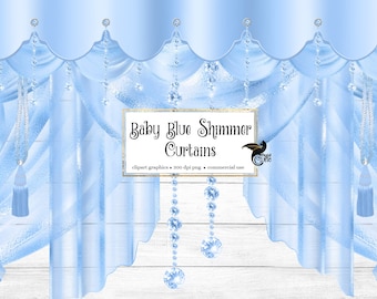 Baby Blue Shimmer Curtains Clipart, digital curtain backdrop clip art graphics, stage curtains, theater drapes, curtain png overlays