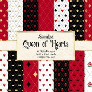 Queen of Hearts Digital Paper - naadloze koninklijke hartpatronen met harlekijnkronen en diamanten direct downloaden voor commercieel gebruik