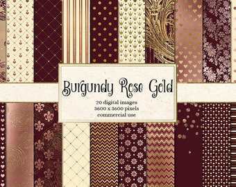 Burgundy and Rose Gold Digital Paper, ivory and gold glitter wedding backgrounds, printable scrapbook paper, royal patterns digital textures