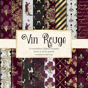 Vin Rouge Digital Paper, naadloze rode wijn Frans patroon, met wijnflessen en glazen voor commercieel gebruik van afdrukbaar plakboekpapier