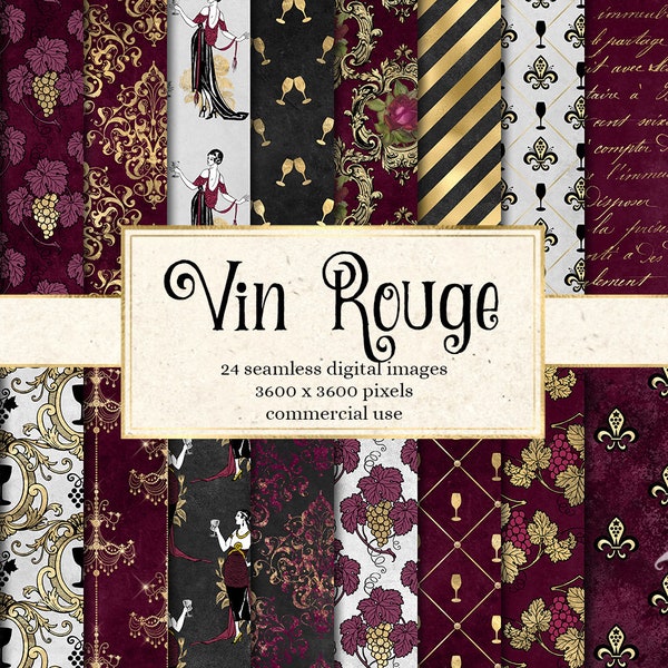Vin Rouge Digital Paper, seamless red wine French pattern, with wine bottles and glasses for printable scrapbook paper commercial use