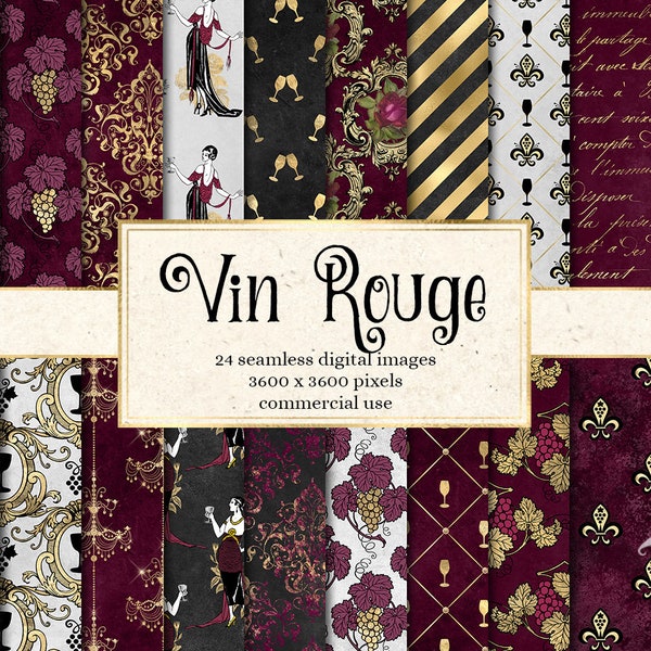 Vin Rouge Digital Paper, Wine Bottles, Seamless French Pattern (Digital Download)