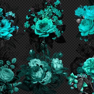 Op de afbeelding: Een digitale collage van zes boeketten met tealblauwe rozen met zwart-witte bladeren. De rozen zijn in verschillende stijlen en maten gerangschikt.