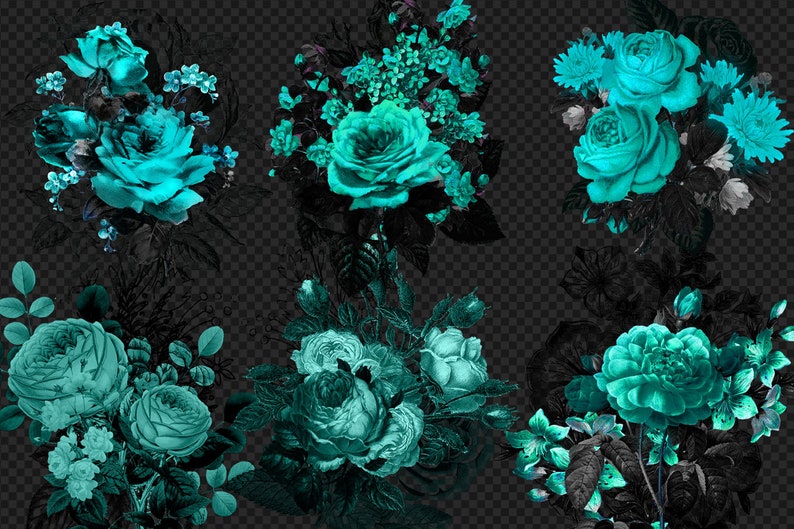 Op de afbeelding: Een digitale collage van zes boeketten met tealblauwe rozen met zwart-witte bladeren. De rozen zijn in verschillende stijlen en maten gerangschikt.