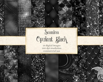 Papier numérique noir opulent, papier de scrapbooking noir sans couture, paillettes noires et textures métalliques numériques en aluminium