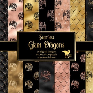 Glam Dragon Digital Paper, Glitzer Drache nahtlose Muster, goldene Drachenschuppen, Drachen Muster, Hintergründe, kommerzielle Nutzung
