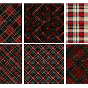May include: A collection of six plaid patterns in red, green, and gold. The designs feature intersecting lines forming a classic tartan pattern. The color palette is dominated by deep reds and greens, with gold accents.