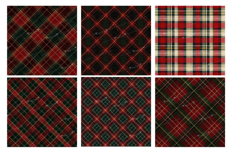 May include: A collection of six plaid patterns in red, green, and gold. The designs feature intersecting lines forming a classic tartan pattern. The color palette is dominated by deep reds and greens, with gold accents.