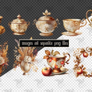 May include: A set of vintage-style teacups, saucers, and a teapot with intricate gold designs. The set includes a sugar bowl and a creamer. The image also features two floral arrangements with dried grasses and white flowers, and a wreath with red apples and leaves.