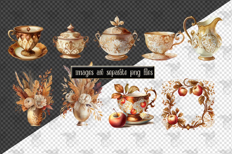 May include: A set of vintage-style teacups, saucers, and a teapot with intricate gold designs. The set includes a sugar bowl and a creamer. The image also features two floral arrangements with dried grasses and white flowers, and a wreath with red apples and leaves.