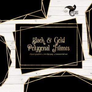 Black and Gold Polygonal Frames Clipart, geometric gold frame clip art graphics instant download commercial use