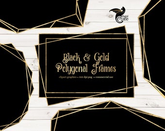 Black and Gold Polygonal Frames Clipart, geometric gold frame clip art graphics instant download commercial use