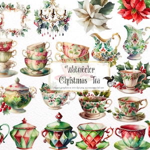 Aquarel Christmas Tea Clipart, wintervakantie theekopjes, tuinthee clip art PNG graphics instant download voor commercieel gebruik