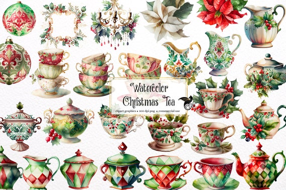 Watercolor Christmas Tea Clipart, Holiday Tea Cups (PNG Digital Download)