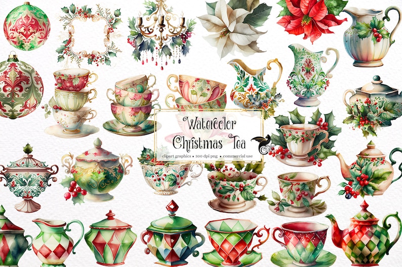 May include: Watercolor Christmas tea clipart graphics.  The set includes a teapot, teacups, saucers, sugar bowls, creamer, and a poinsettia flower.  The graphics are in a vintage style with a green, red, and gold color scheme.