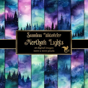 Watercolor Northern Lights Digital Paper - seamless watercolour aurora borealis night sky backgrounds with forest silhouette landscapes