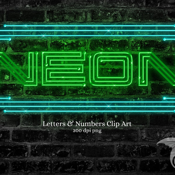 Green and Aqua Neon Alphabet Clip Art - digital instant download graphics in PNG format for commercial use celebration and party designs