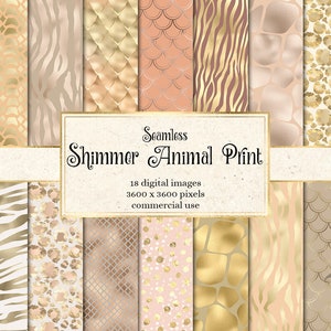 Puede incluir: Un conjunto de 18 patrones digitales sin costuras que presentan estampados de animales en colores dorado y rosa empolvado. Los patrones incluyen cebra, leopardo, serpiente y escamas de pez. El texto "Seamless Shimmer Animal Print" se muestra en la imagen. El texto "18 imágenes digitales 3600 x 3600 píxeles uso comercial" también se muestra en la imagen.