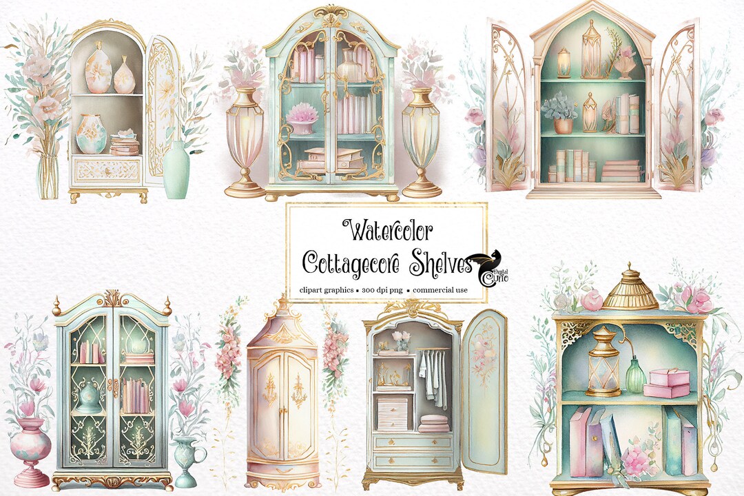 Watercolor Cottagecore Shelves Clipart Pastel Shabby Watercolor PNG