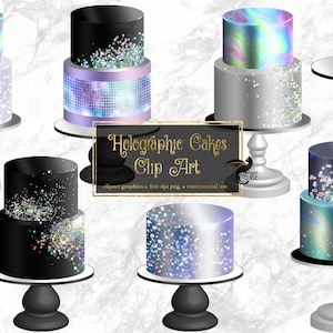 Holographic Cakes Clipart, iridescent rainbow glitter cakes instant download for commercial use