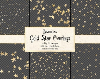 Seamless Gold Star Overlays, starry night gold star patterns in PNG format with transparent backgrounds instant download commercial use