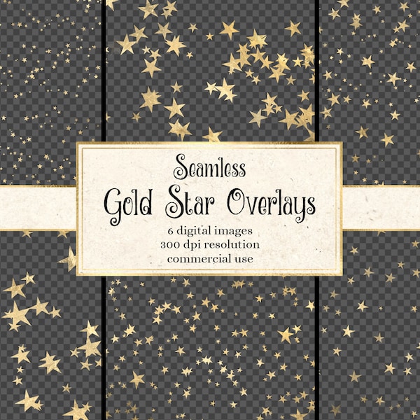 Superpositions d'étoiles d'or sans soudure, motifs d'étoiles d'or de nuit étoilée au format PNG avec arrière-plans transparents téléchargement instantané utilisation commerciale
