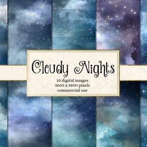 Papel digital de noches nubladas, fondos de nubes de acuarela, papel digital de nubes, texturas de acuarela de cielo nocturno estrellado, papel de álbum de recortes