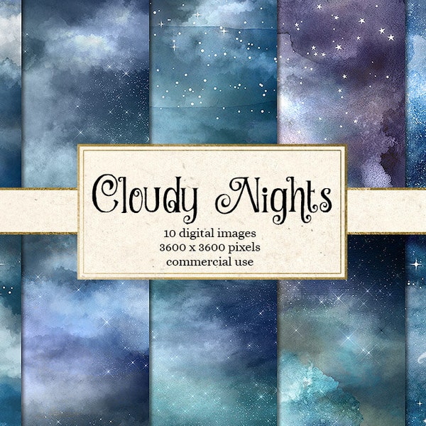 Cloudy Nights Digital Paper, watercolor clouds backgrounds, cloud digital paper, starry night sky watercolor textures, scrapbook paper