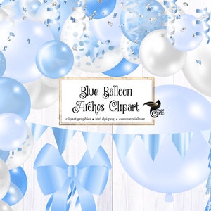 Blauer Ballon Bogen Clipart, Glam Ballon png digitale Überlagerungen mit Bändern und Konfetti sofortiger Download kommerzielle Nutzung