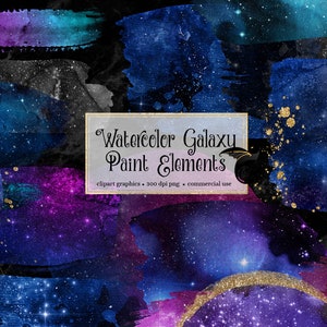Aquarel Galaxy Paint Elements met gouden glitters en penseelstreken en aquarelvlekken en gouden sterren in PNG-formaat voor commercieel gebruik