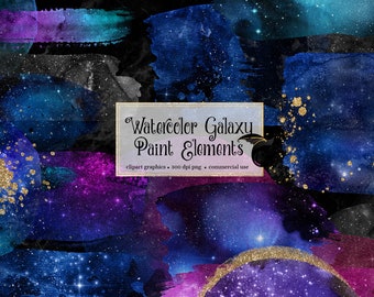Puede incluir: Elementos de pintura de galaxia de acuarela - clipart gráficos - 300 dpi png - uso comercial. Una colección de elementos de pintura de galaxia de acuarela digital con acentos de purpurina dorada.