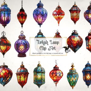 May include: A collection of colorful Turkish lamp clip art illustrations. The lamps feature intricate stained glass designs in various shapes and sizes, with warm, inviting light emanating from within. The lamps are in shades of blue, red, yellow, and green.
