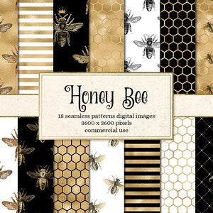 Honey Bee Digital Paper, seamless patterns, black and gold bee backgrounds, white and gold bee printable scrapbook paper, commercial use
