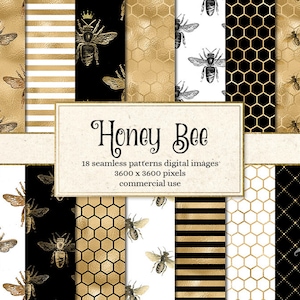 Papier numérique abeille, motifs sans couture, arrière-plans abeille noir et or, papier de scrapbooking imprimable abeille blanc et or, usage commercial