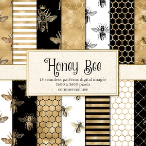 Honey Bee Digital Paper, seamless patterns, black and gold bee backgrounds, white and gold bee printable scrapbook paper, commercial use