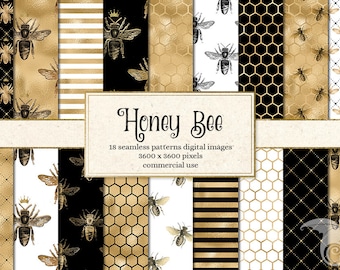 Honey Bee Digital Paper, seamless patterns, black and gold bee backgrounds, white and gold bee printable scrapbook paper, commercial use