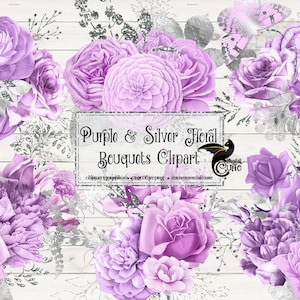 Lila und Silber Blumen Clip Art, digitaler sofortiger Download gemalte Aquarell Blume png Verzierungen, lila und silberne Glitzer Rosen
