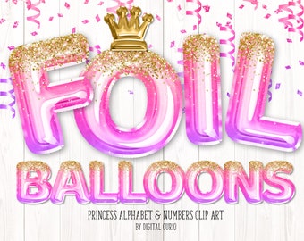 Princess Foil Balloon Alphabet Clip Art - gold glitter crown digital instant download graphics in PNG format commercial use party designs