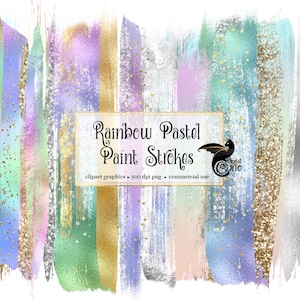Rainbow Pastel Paint Strokes Clipart, with gold glitter and silver foil in digital PNG format instant download for commercial use