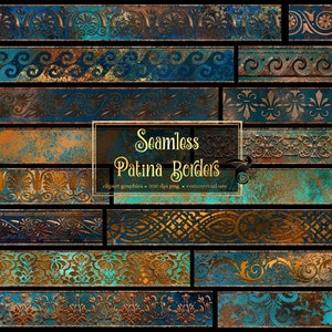 Patina Borders Clip Art, Digital Instant Download copper ornament scrapbooking embellishments, blue and gold Grecian metallic border clipart
