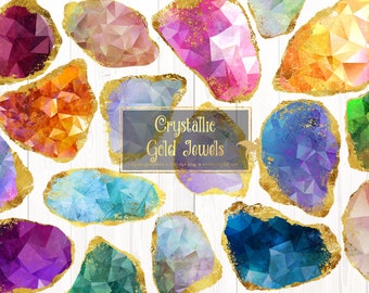 Könnte beinhalten: Eine Sammlung farbenfroher, geometrischer Kristallillustrationen mit Goldkanten. Die Kristalle weisen Farbtöne von Lila, Rosa, Orange, Blau und Grün auf. Das Bild enthält den Text "Crystallic Gold Jewels".