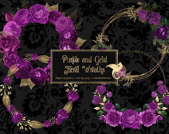 Purple and Gold Wreaths Clipart, purple rose wreath clip art in PNG format graphics instant download for commercial use