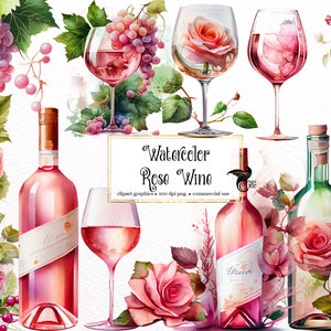 Acquerello Rose Wine Clipart - uva da vino png digitale, grafica per la celebrazione del vino per uso commerciale con download istantaneo