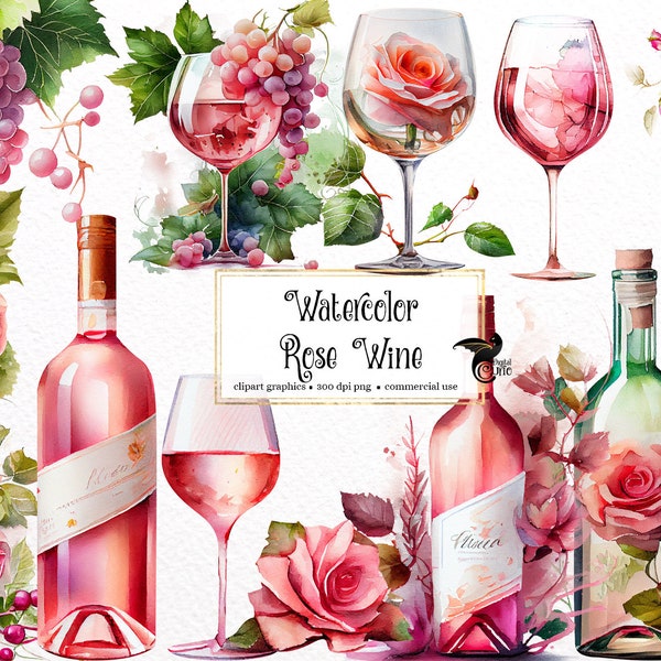 Watercolor Rose Wine Clipart - digital png wine grapes, wine celebration graphics for instant download commercial use