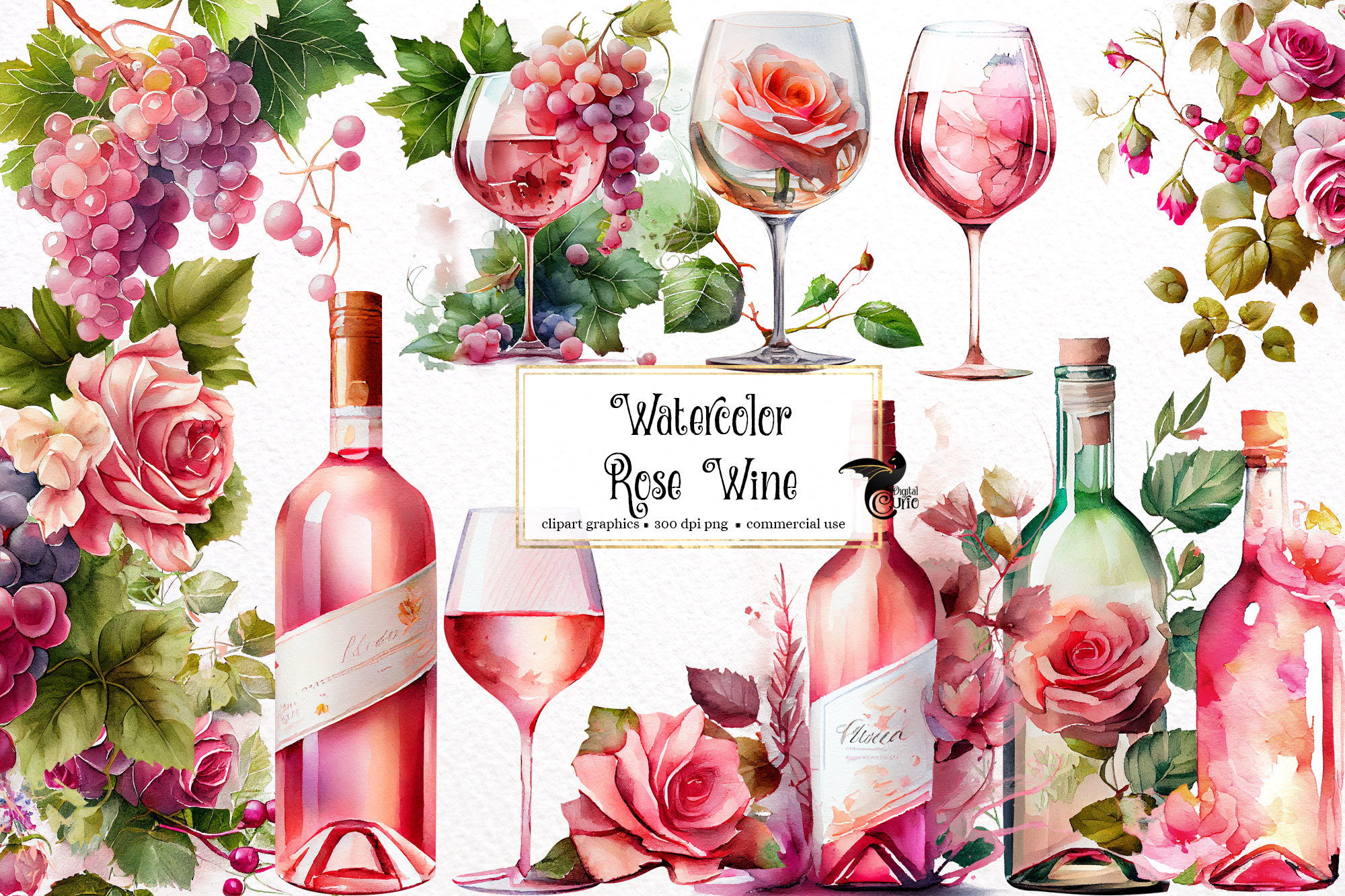 Watercolor Rose Wine Clipart - digital png wine grapes, wine celebration graphics for instant download commercial use
