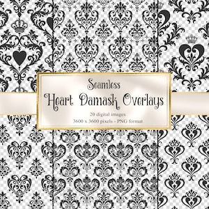 May include: A set of 20 seamless digital heart damask overlays in black and white. Each image is 3600 x 3600 pixels and in PNG format.