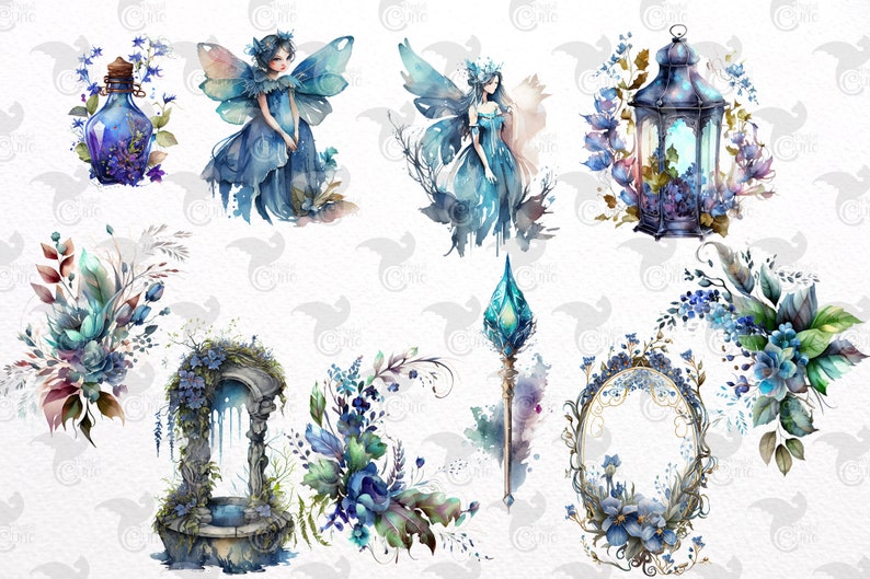 Watercolor Blue Fairy Clipart – Floral Fantasy Graphics (PNG, Digital ...